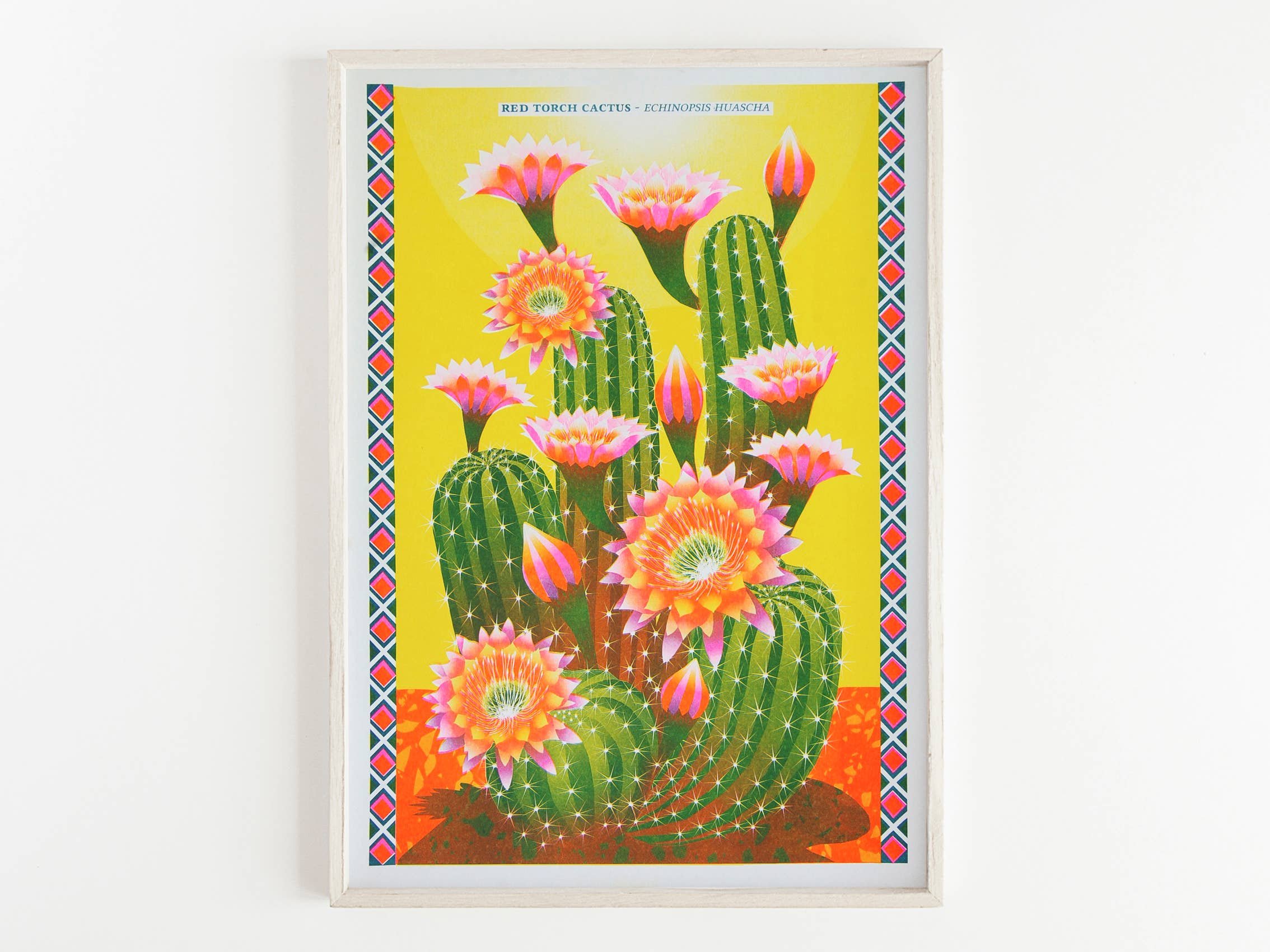 Image Of Desert Cactus Illustration Southwestern Risograph Wall Art Print In Neon Pink, Yellow, Green And Blue