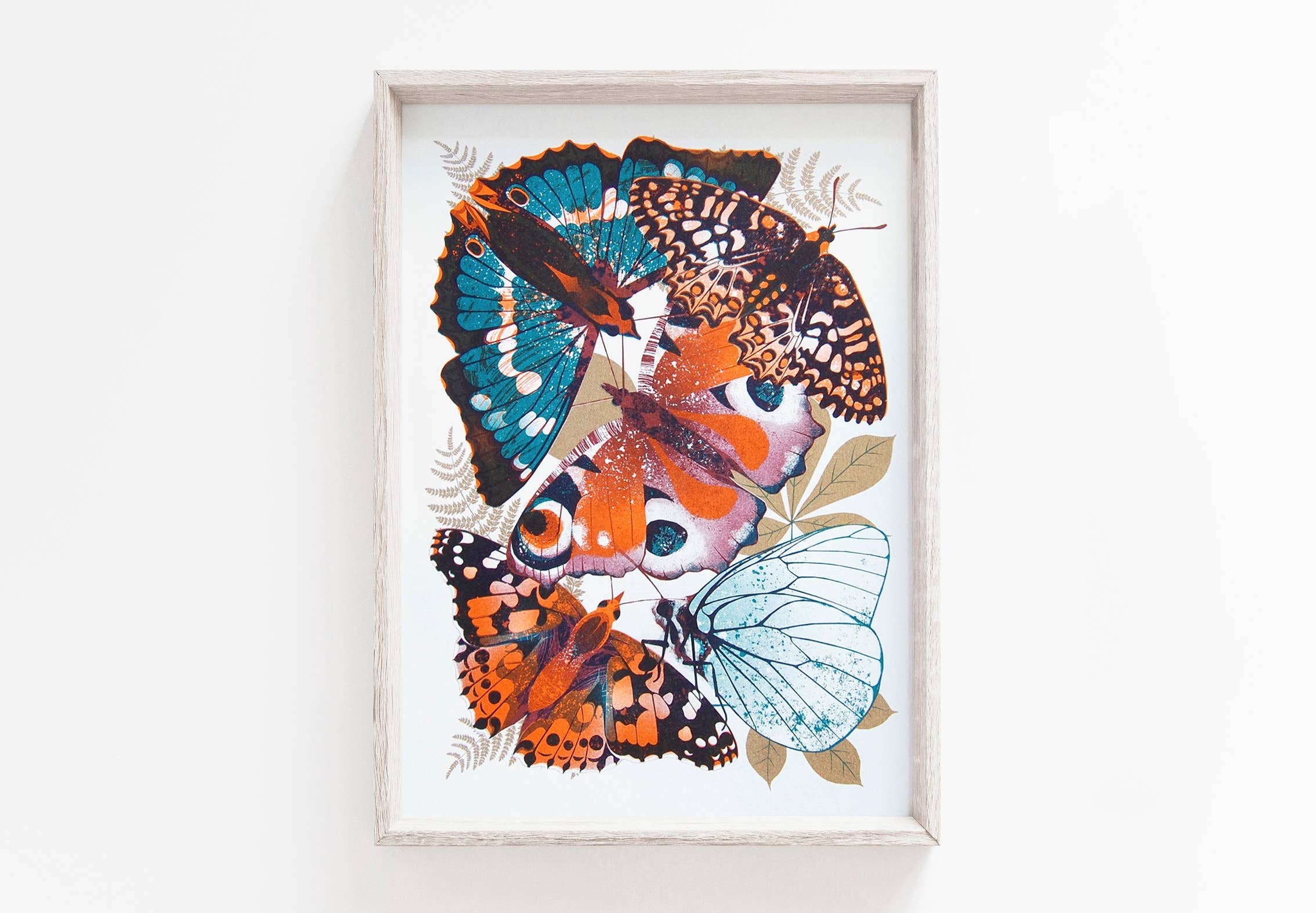 Image Of Colorful Butterflies Illustrated Risograph Art Print In Blue, Orange, Brown And Metallic Gold.