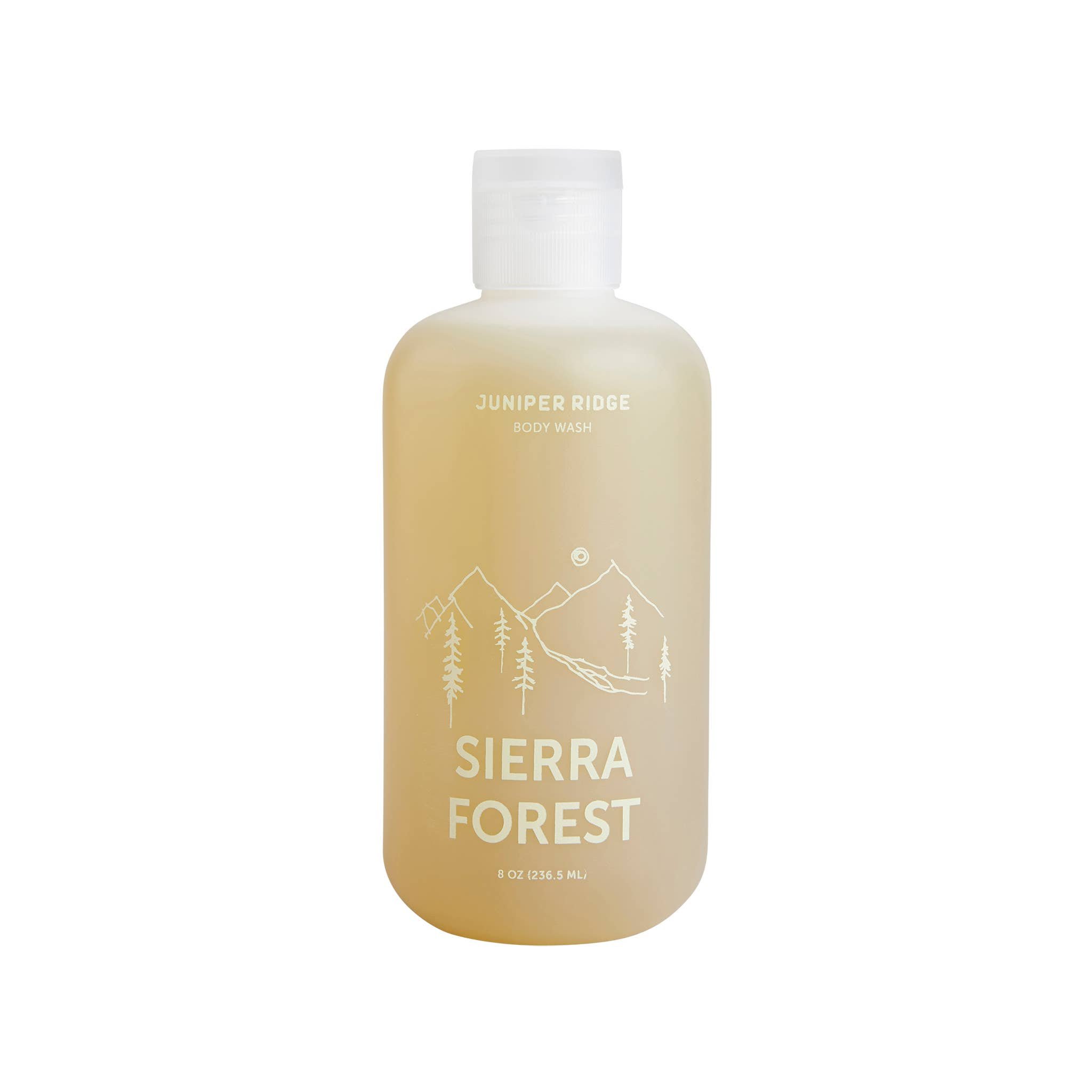 Image Of Bottle Of Juniper Ridge Sierra Forest All Natural Body Wash. The Bottle Is See Through Recycled Plastic With Flip Top Lid and Screenprinted Modern Branding In White Ink.
