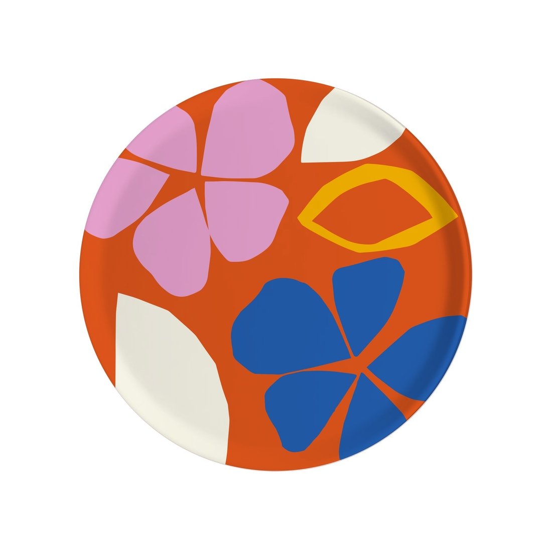 Image of Round Red Tray With Large Stylized Cut Paper Style Pink And Blue Flowers. There Are Scattered White And Yellow-Lined Petals, Too. Size Is 15 Inches.
