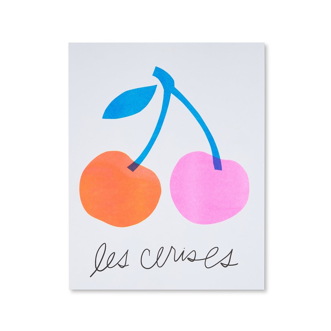Image Of Illustrated Cherry Duo Print With Orange-y Red And Pink Cherries With Blue Stem And Leaf. “Les Cerises” Is Written Below In Script.
