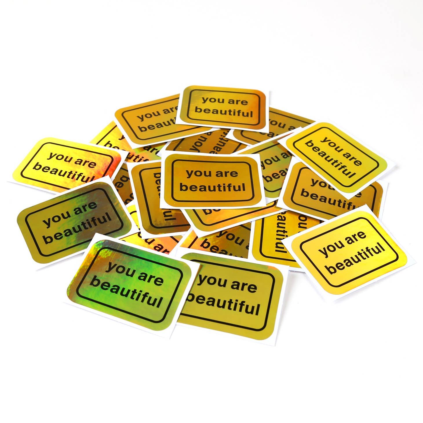 Image Of A Pile Of You Are Beautiful Gold Hologram Stickers