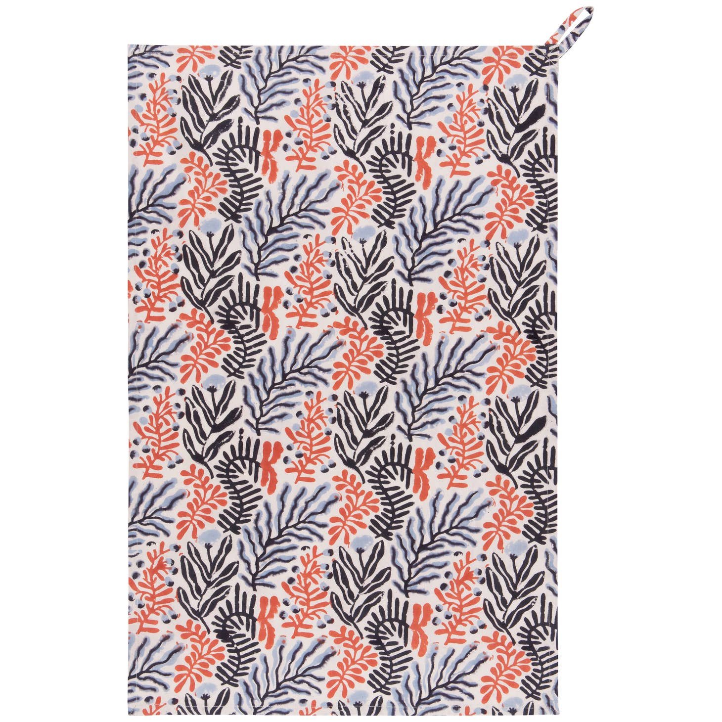 Image Of Tea Towel in Blue And Red Foliage Pattern Print. Cotton Dish Towel Bock Printed In India And Designed By Danica Studio.
