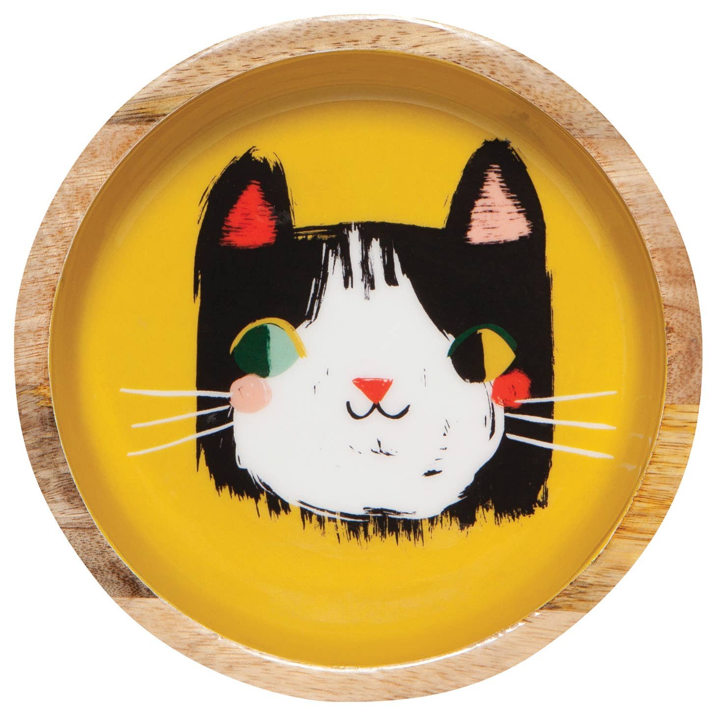 Image Of Black Cat Face On Yellow Mango Wood 6.25 Inch Round Mini Cat Bowl By Danica Studio.