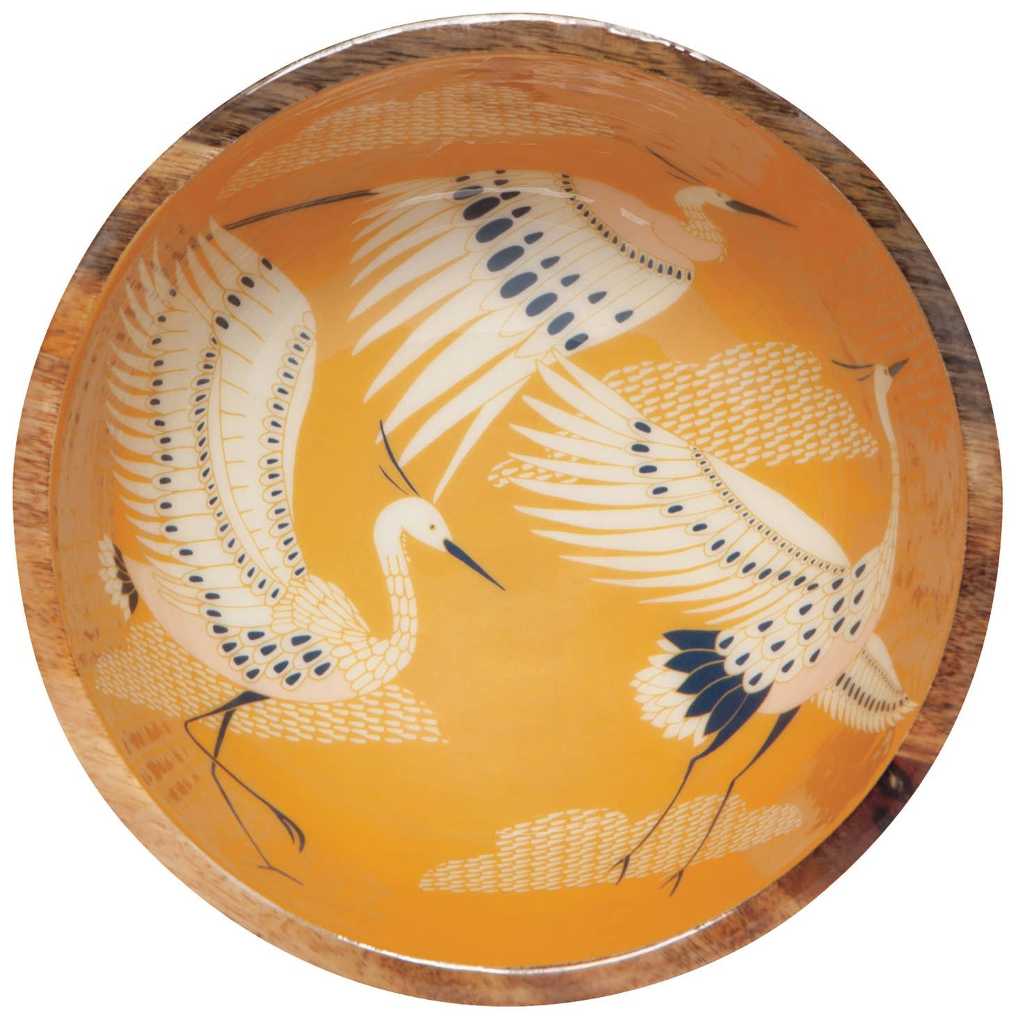 Image Of Yellow Flying Crane Birds In Black And White On Luxe Yellow Mango Wood Serving Bowl By Danica Studio.