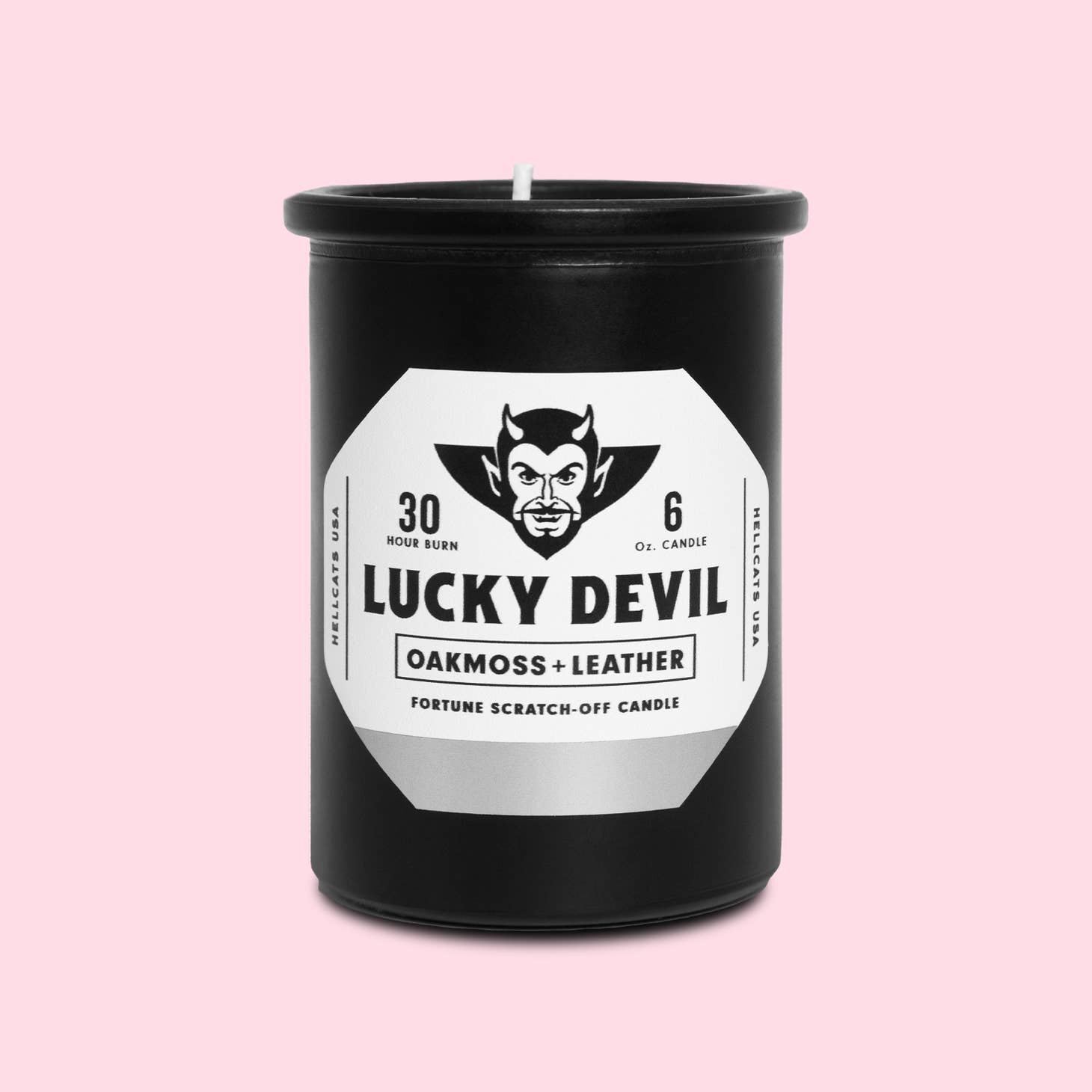 Image Of Lucky Devil Scratch Off Fortune Scented Candle. Label Has An Illustrated Devil’s Head And Black Block Type. Hand-poured by Hellcats, Inc.