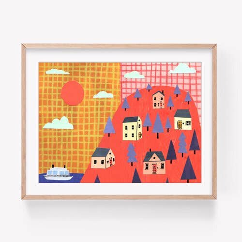 Image Of Tiny Island Bold And Colorful Original Art Print By Kristen Solecki. Illustration Depicts A Small Island Village With A Boat And Sun In Paper Cut Collage Style.