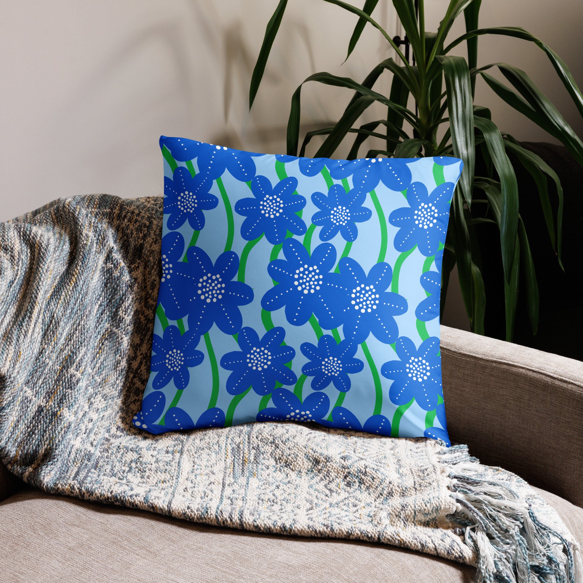 Image Of Throw Pillow Case Mini Blue Spring Flowers Pattern On Sky Blue Retro Modern Floral Pattern Cushion Cover Decor Accent