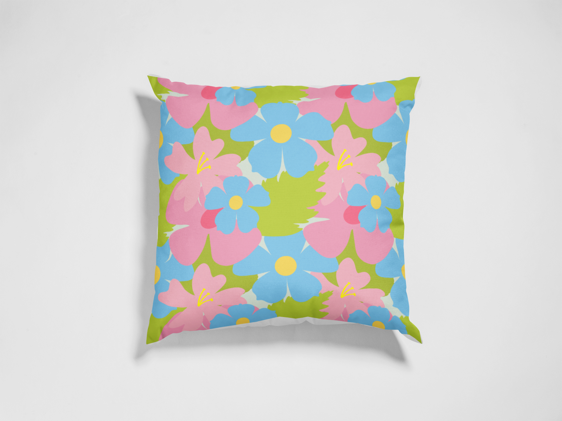 Image Of Pastel Blue, Pink And Green Retro Modern Floral Print Square Throw Pillow Cover