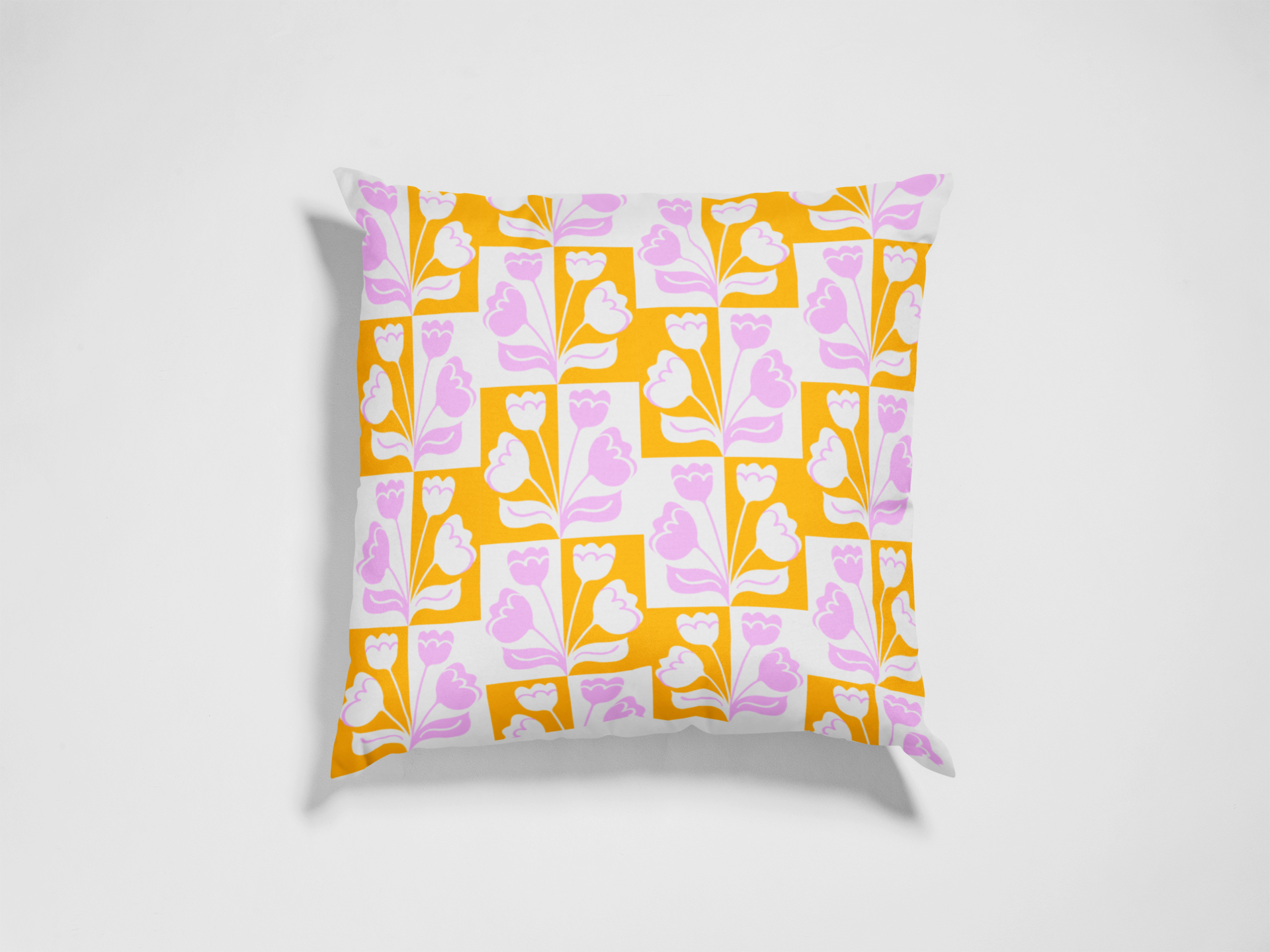 Image Of Throw Pillow With Orange, White And Pink Mini Tulip Flower Retro Modern Graphic Design Pattern.