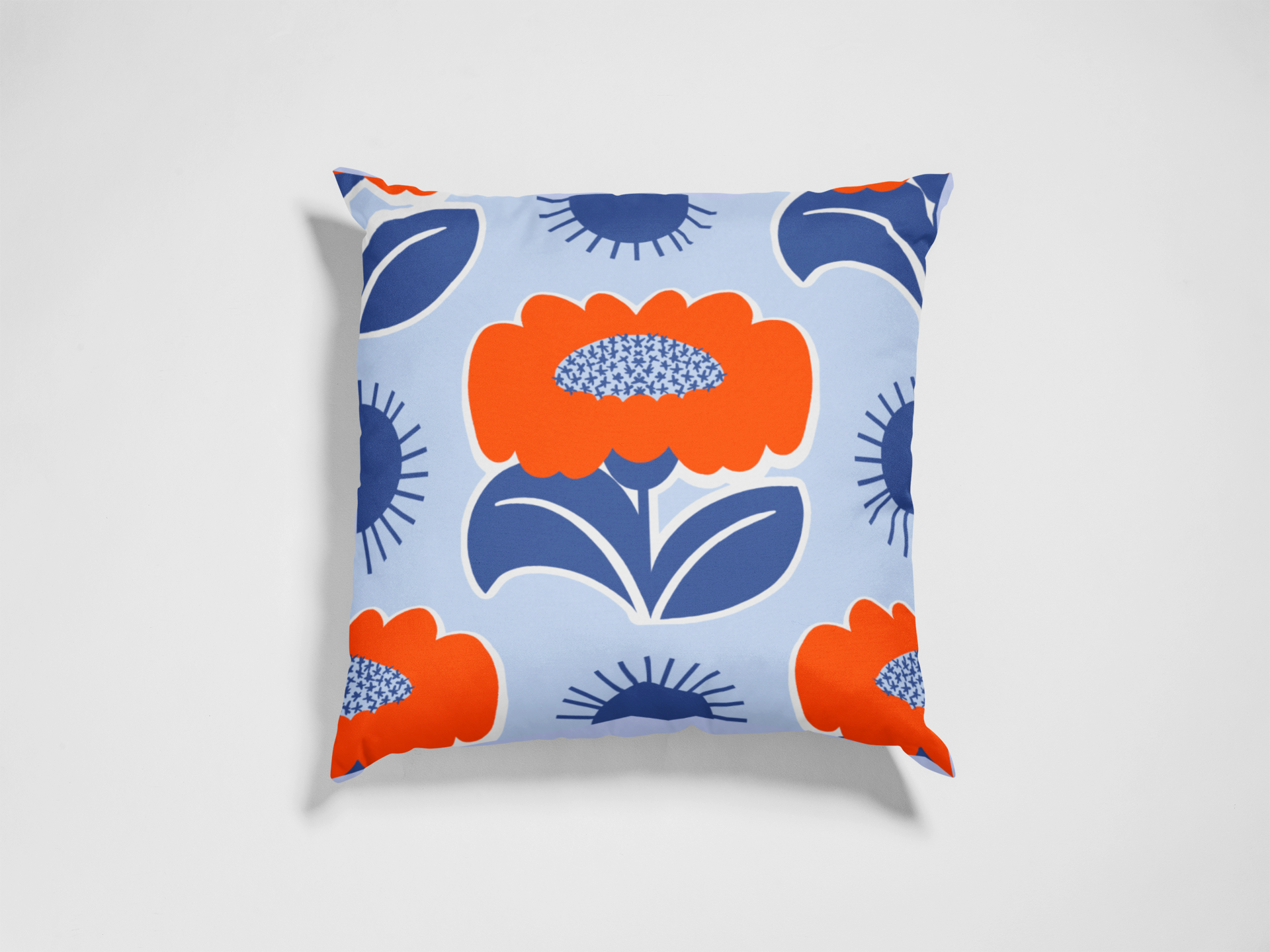 Image of Red, White And Blue Big Daisy Design Retro Modern Square Throw Pillow. Red Daisy Quad Pattern With Blue Leaves On Pastel Blue White Accents.