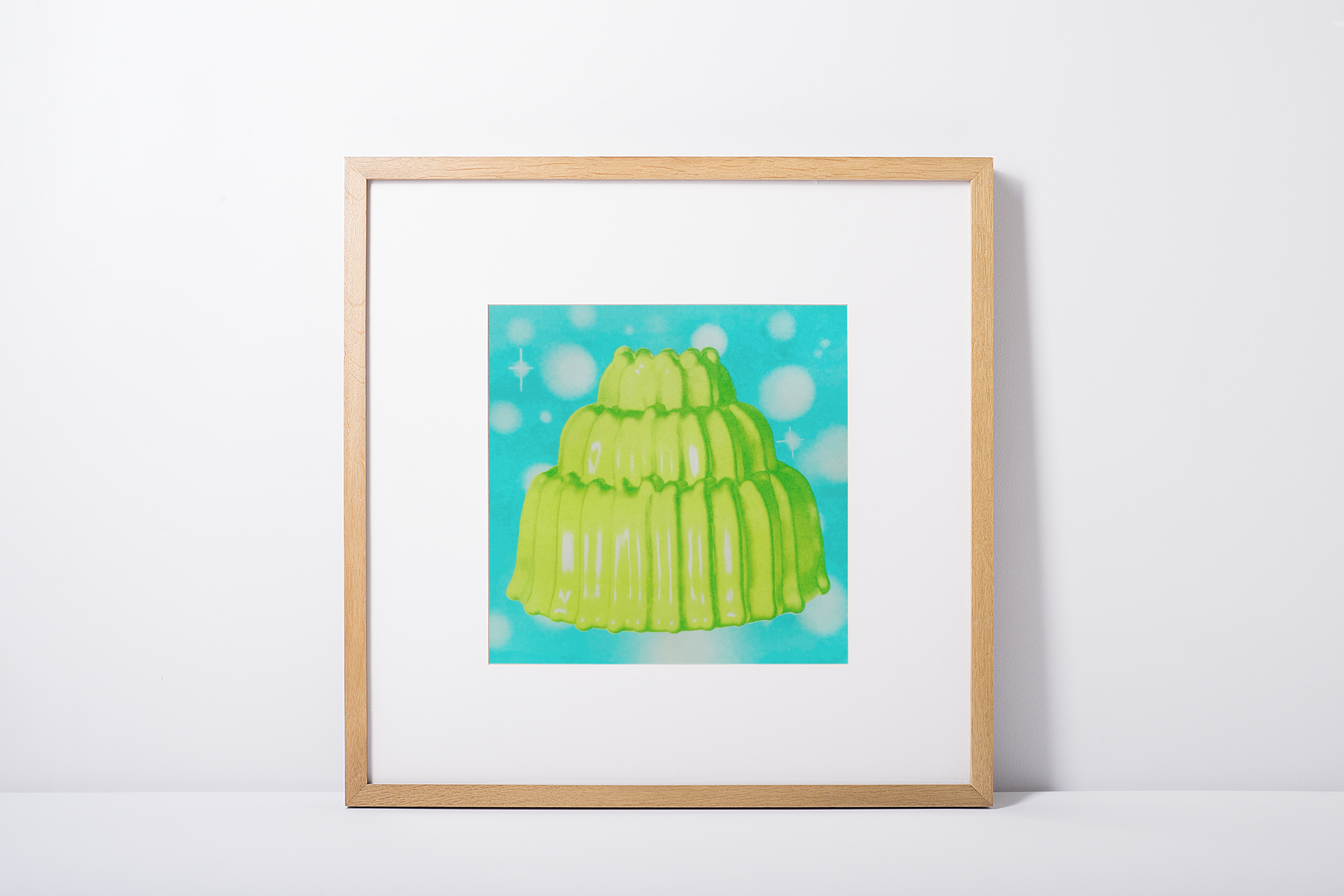 Image Of Mint Green, Light Lime And Kelly Green Radioactve Jello Risography Wall Art Print. Jello Is Green On Turquoise Blue Background. Risograph Printed.