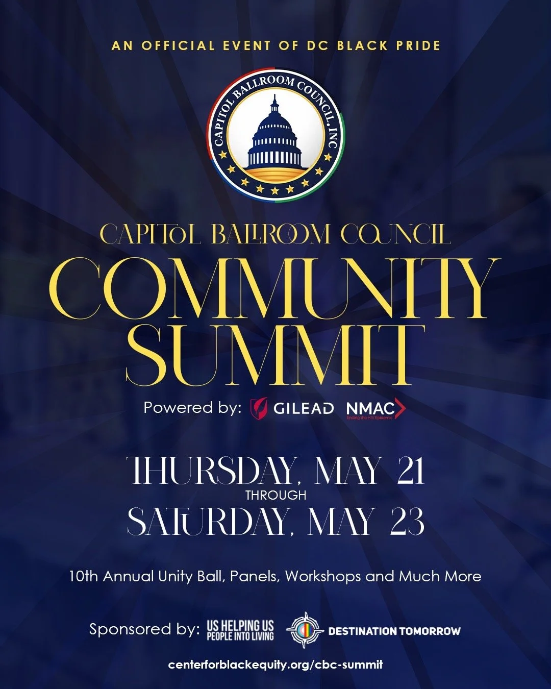 ✨ Capitol Ballroom Council Community Summit ✨
An official event of DC Black Pride

This Summit is for us, by us&mdash;and your voice matters.
Panels, workshops, and the 10th Annual Unity Ball&mdash;all rooted in ballroom culture, leadership, and comm
