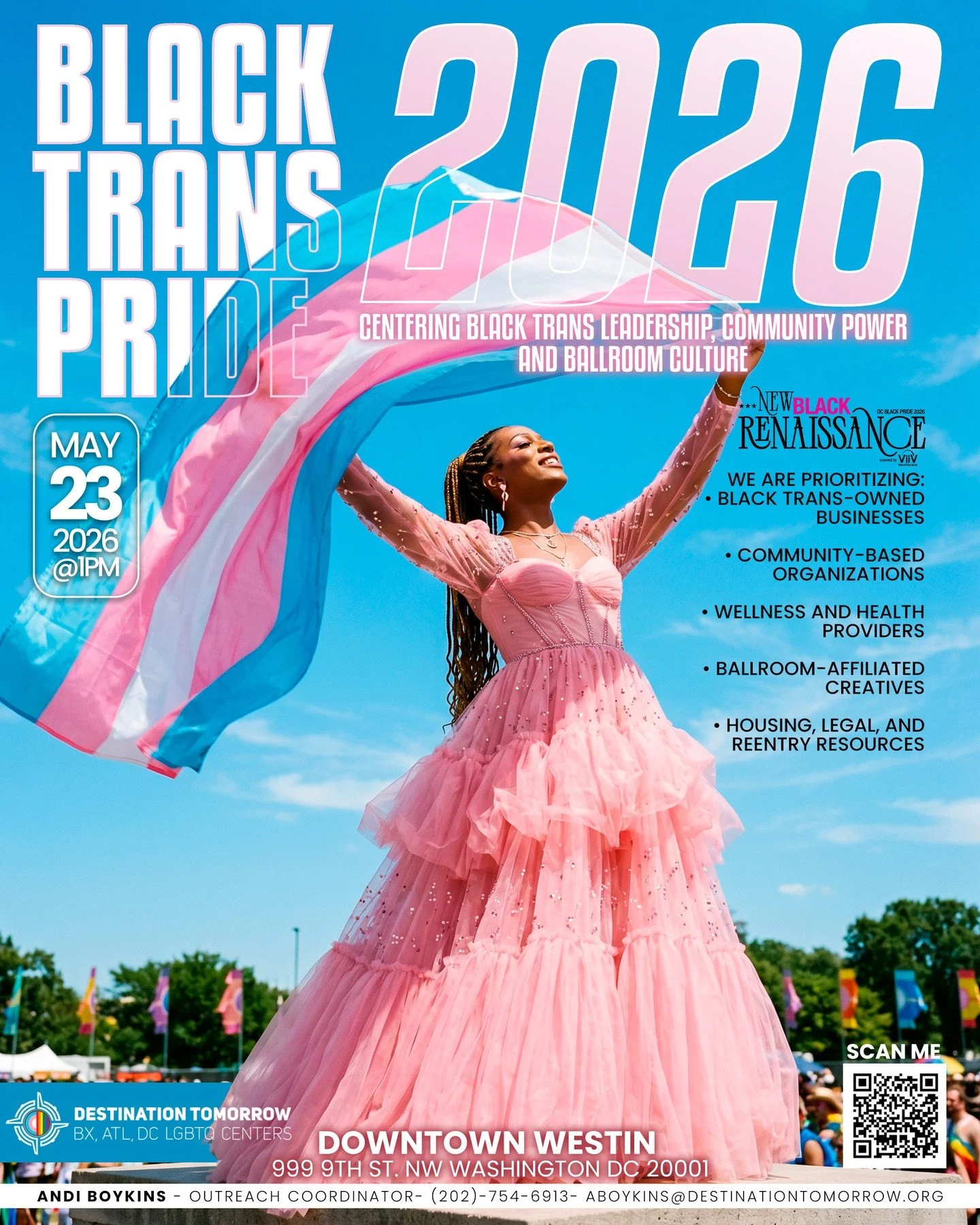 DC Black Pride is proud to uplift DC Black Trans Pride 2026, hosted by Destination Tomorrow.⁠
⁠
Join us on Saturday, May 23 at 1 PM at the Downtown Westin for an intentional space centering Black trans leadership, community power, and ballroom cultur