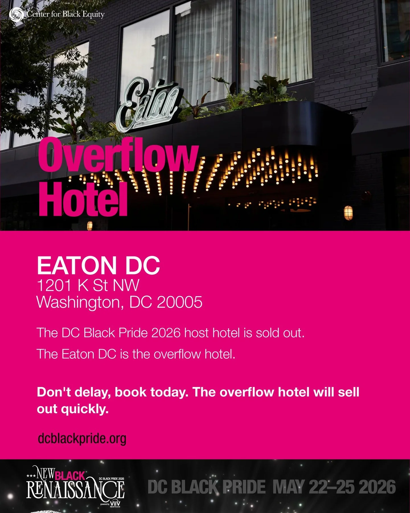 🚨 Overflow Hotel Alert! 🚨⁠
⁠
DC Black Pride 2026 is filling up fast! Our official host hotel is now sold out, but we&rsquo;ve secured the Eaton DC as the official overflow hotel, so you can still stay close to the center of all the action.⁠
⁠
Locat
