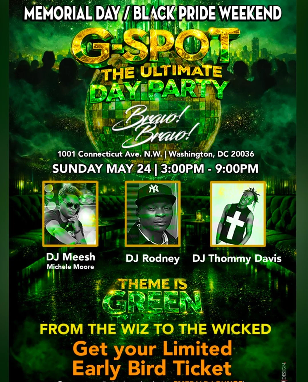 Green is the theme and the energy is going all the way up. 💚🪩⁠
⁠
Join Positive Effects for G-Spot: The Ultimate Day Party during Memorial Day / Black Pride Weekend.⁠
⁠
Come dressed in your green and get ready for a day party experience with DJ Mees