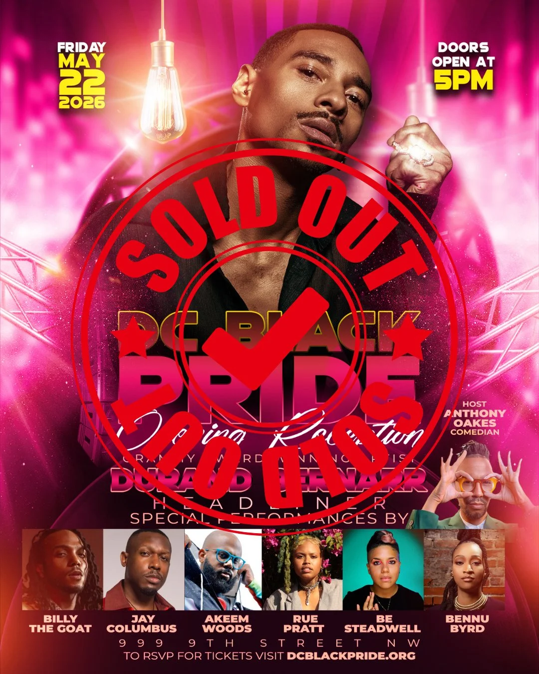 🚨 HISTORY MADE! SOLD OUT IN LESS THAN 5 MINUTES! 🚨⁠
⁠
DC Black Pride family, y&rsquo;all did that! Tickets for the DC Black Pride 2026 Opening Reception with Grammy Award-winning artist Durand Bernarr are officially SOLD OUT ...AGAIN&mdash; and the