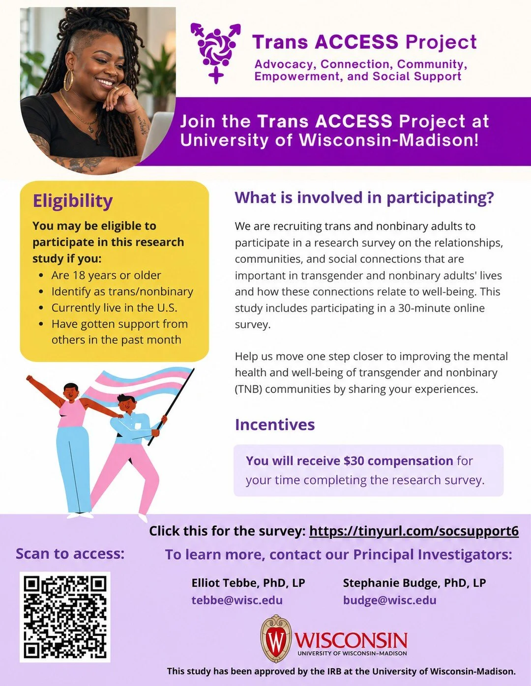 📣 Research Opportunity for Trans &amp; Nonbinary Adults⁠
⁠
The Trans ACCESS Project at the University of Wisconsin&ndash;Madison is recruiting trans and nonbinary adults for a research study exploring relationships, community, social connection, and