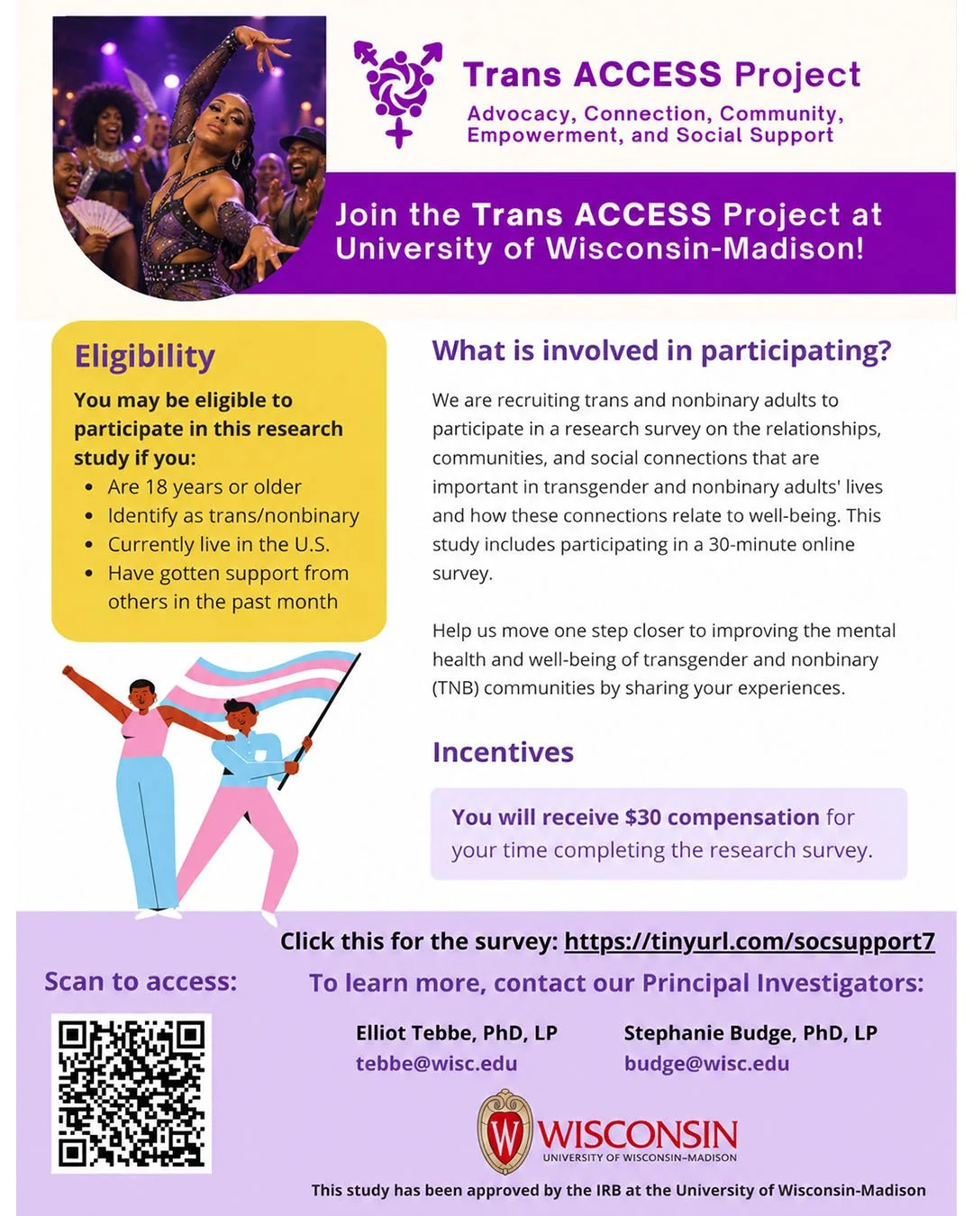 Calling our ballroom family! 💜 The Trans ACCESS Project at the University of Wisconsin&ndash;Madison is recruiting trans and nonbinary adults for a research survey about community, relationships, social support, and well-being.

You may be eligible 