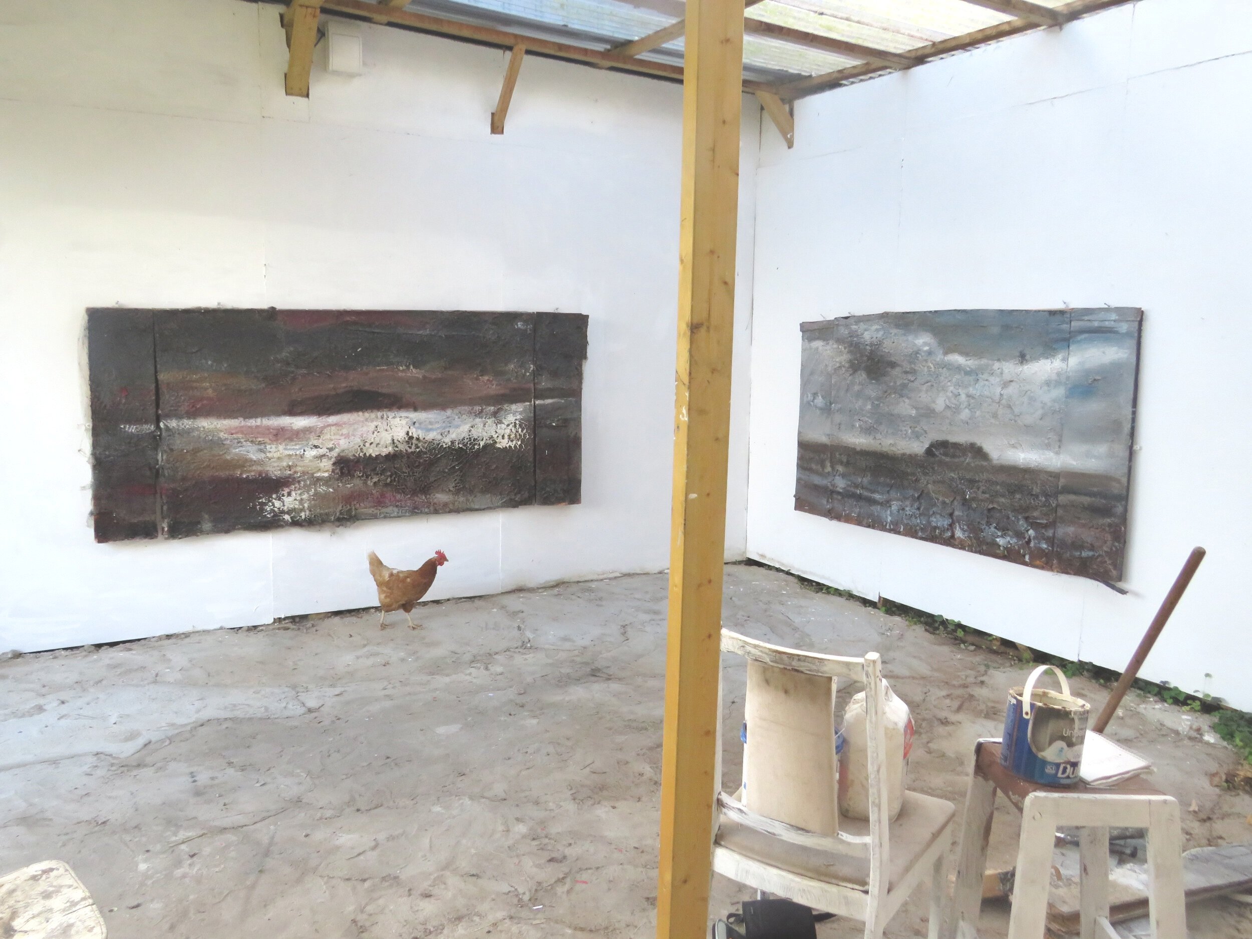 Studio view island paintings 116 x 210 cms with hen