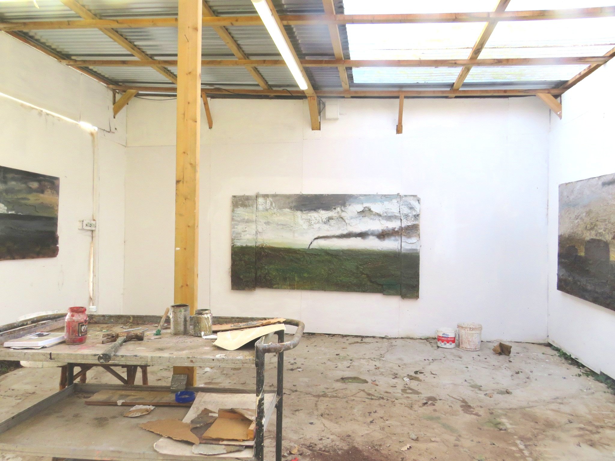 Studio view distant black smoke, Saltings and development land 123 x 217 cms