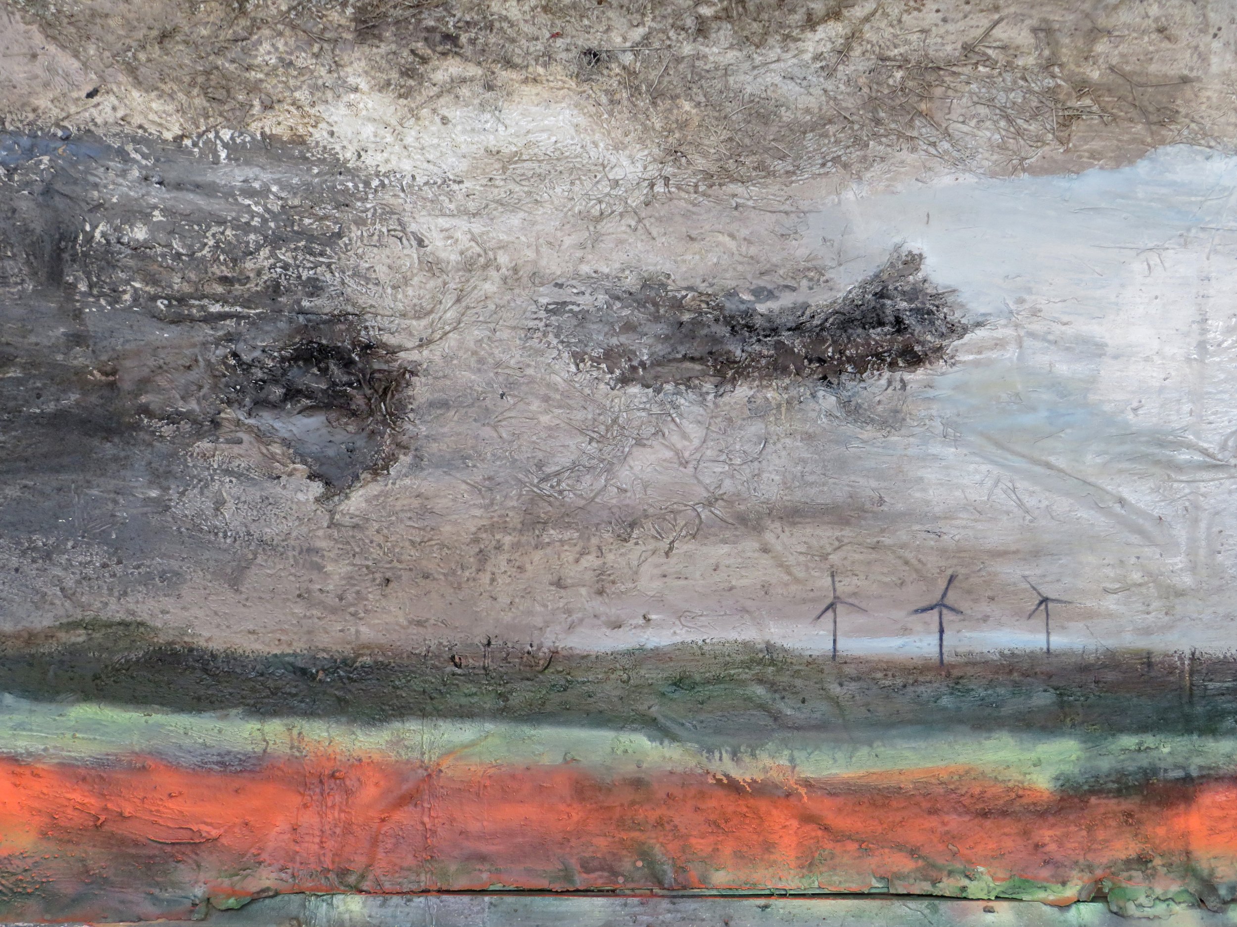 Wilderness, approaching building work with orange lights and distant three wind turbines 131 x 280 cms