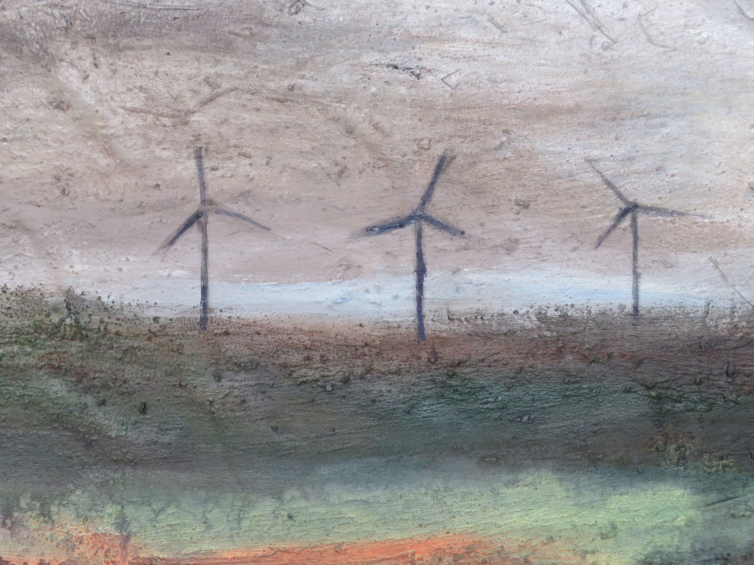 Wilderness, approaching building work with orange light and distant three wind turbines 131 x 280 cms