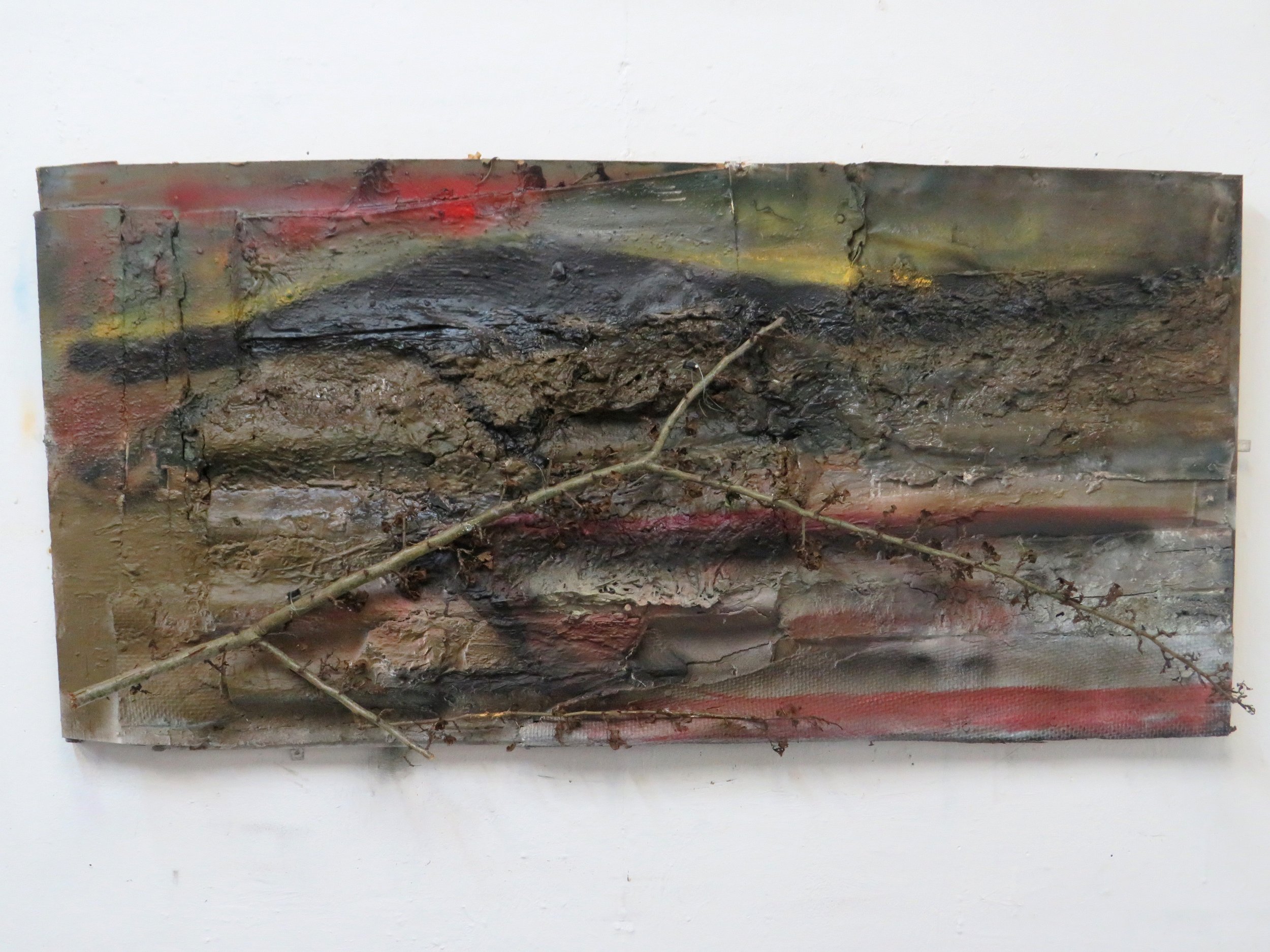 Waste Land, pile of top soil, sunset with twig from former hedge 78 x 156 cms