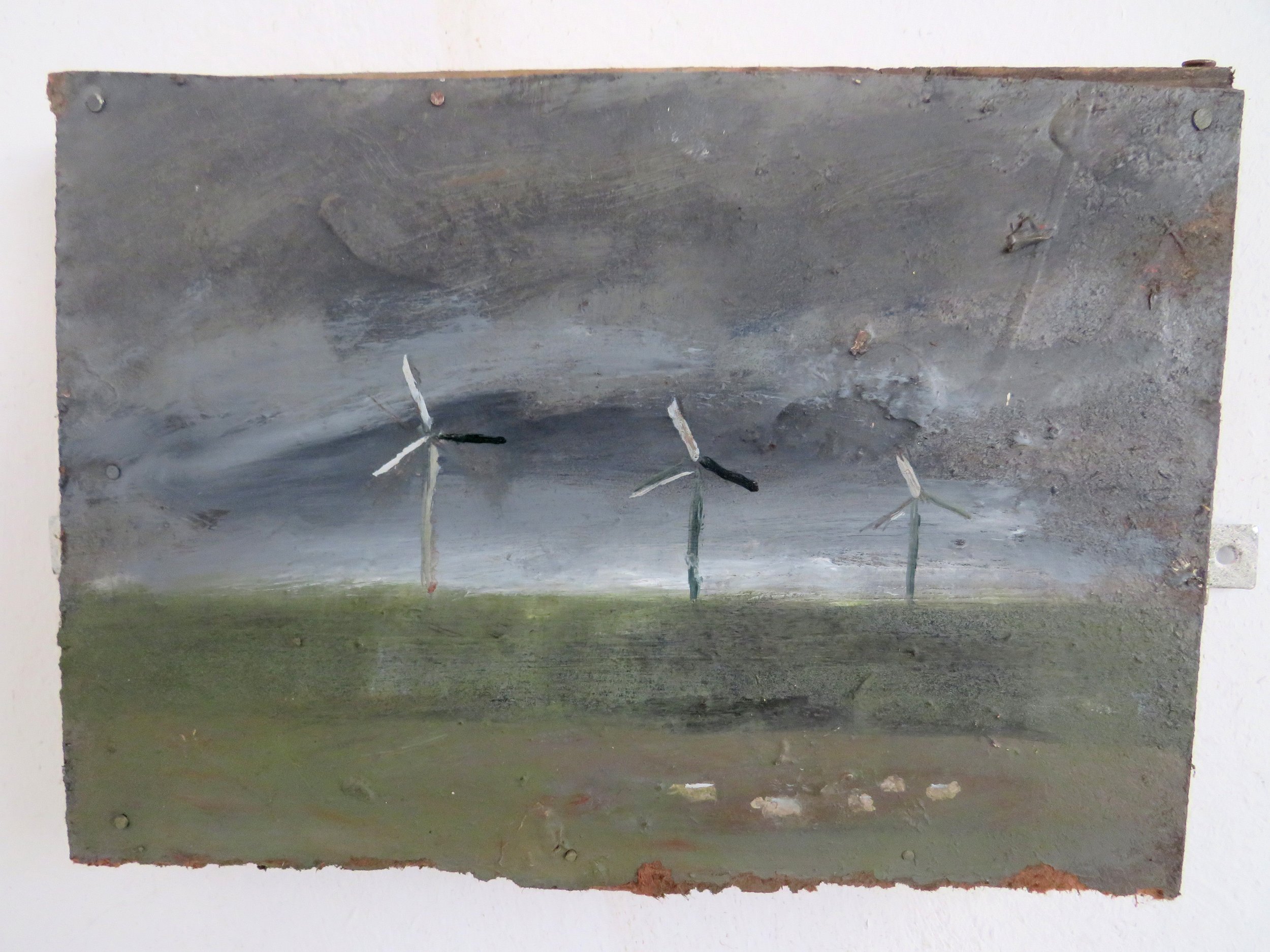 Three wind turbines and sheep 19 x 27 cms