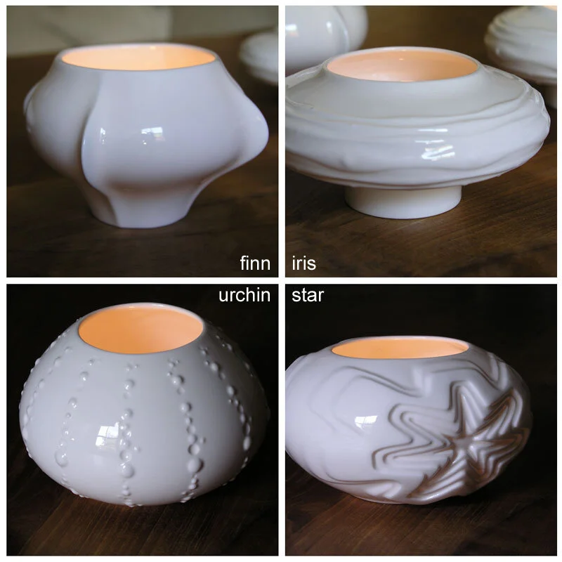 Tealight Holder - White, glazed bone china tealight holders in four designs; Finn, Urchin, Star & Iris.