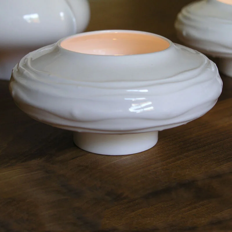 Tealight Holder - A white, glazed bone china tealight holder in the Iris design.