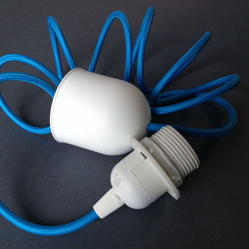 Pendant Set - A blue braided pendant light, with white E27 lamp holder and ceiling rose.