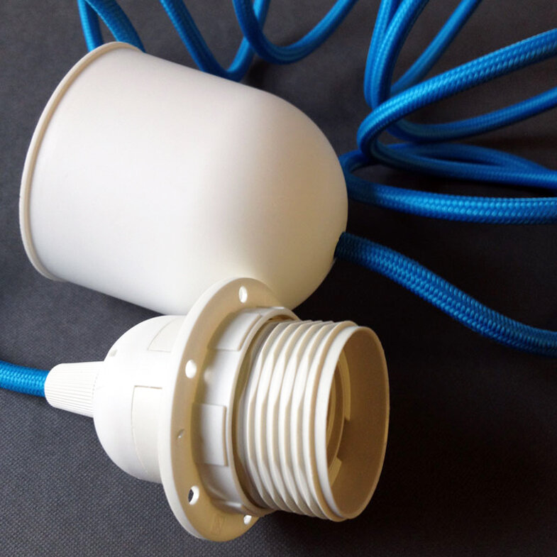 Pendant Set - A blue braided pendant light, with white E27 lamp holder and ceiling rose.