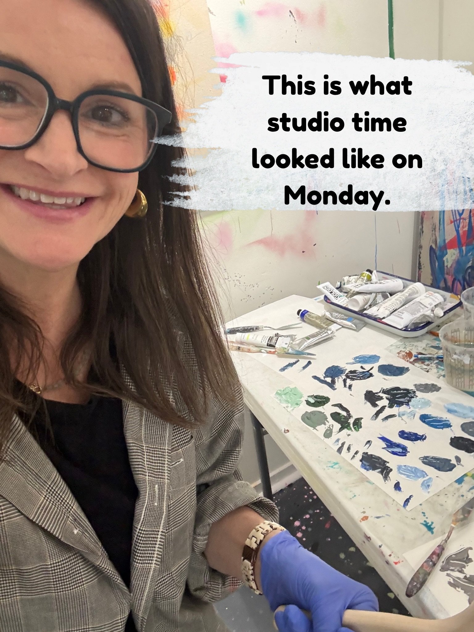 I blocked off studio time on Monday to keep working on my new series, and a good chunk of it looked like this.

Mixing blues. Greens. Grays. Adding a little something. Changing my mind. Mixing another one.

I&rsquo;m building the next layer of these 
