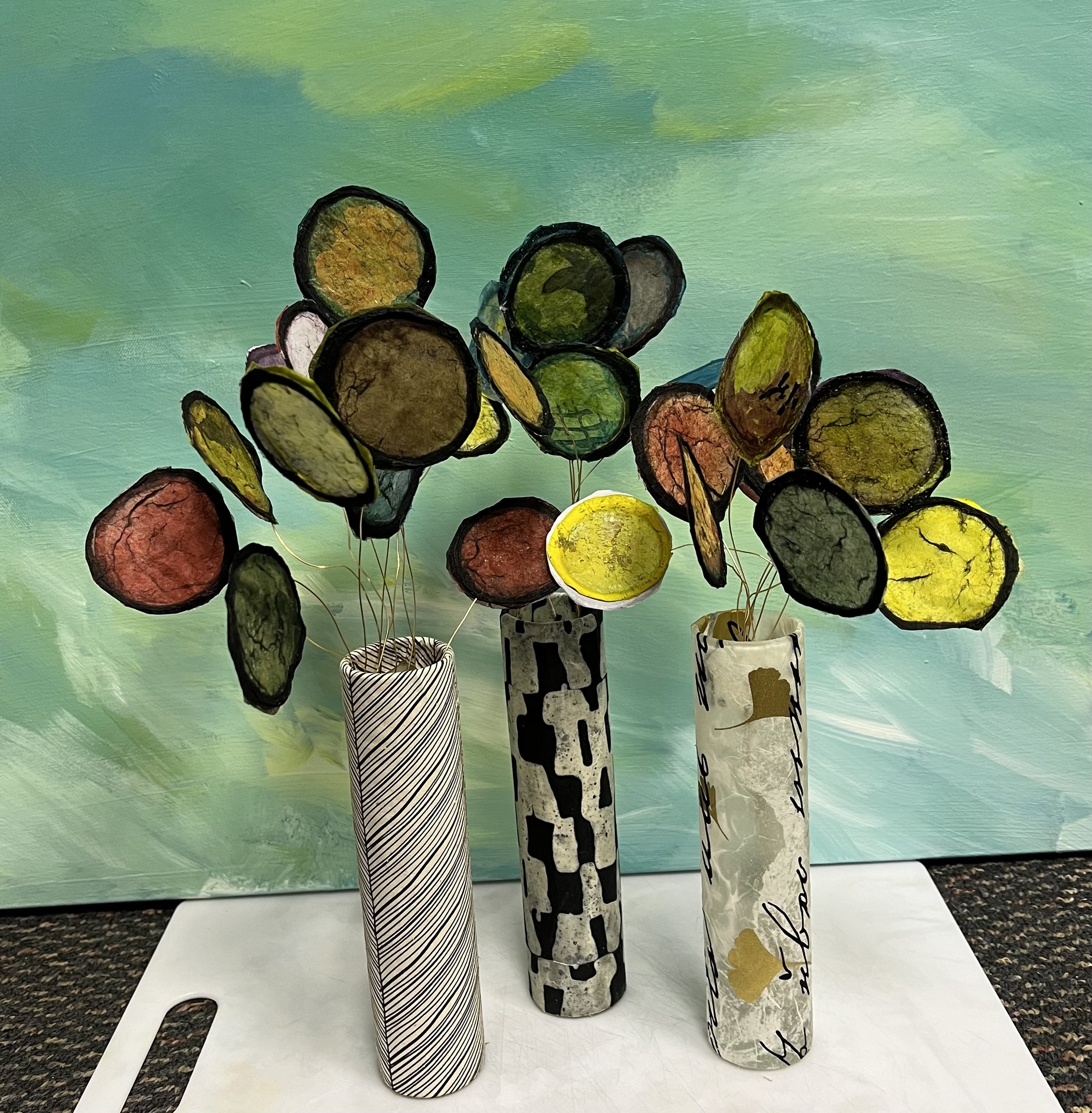 Wild Flowers, glass vase's, Wire and Paper