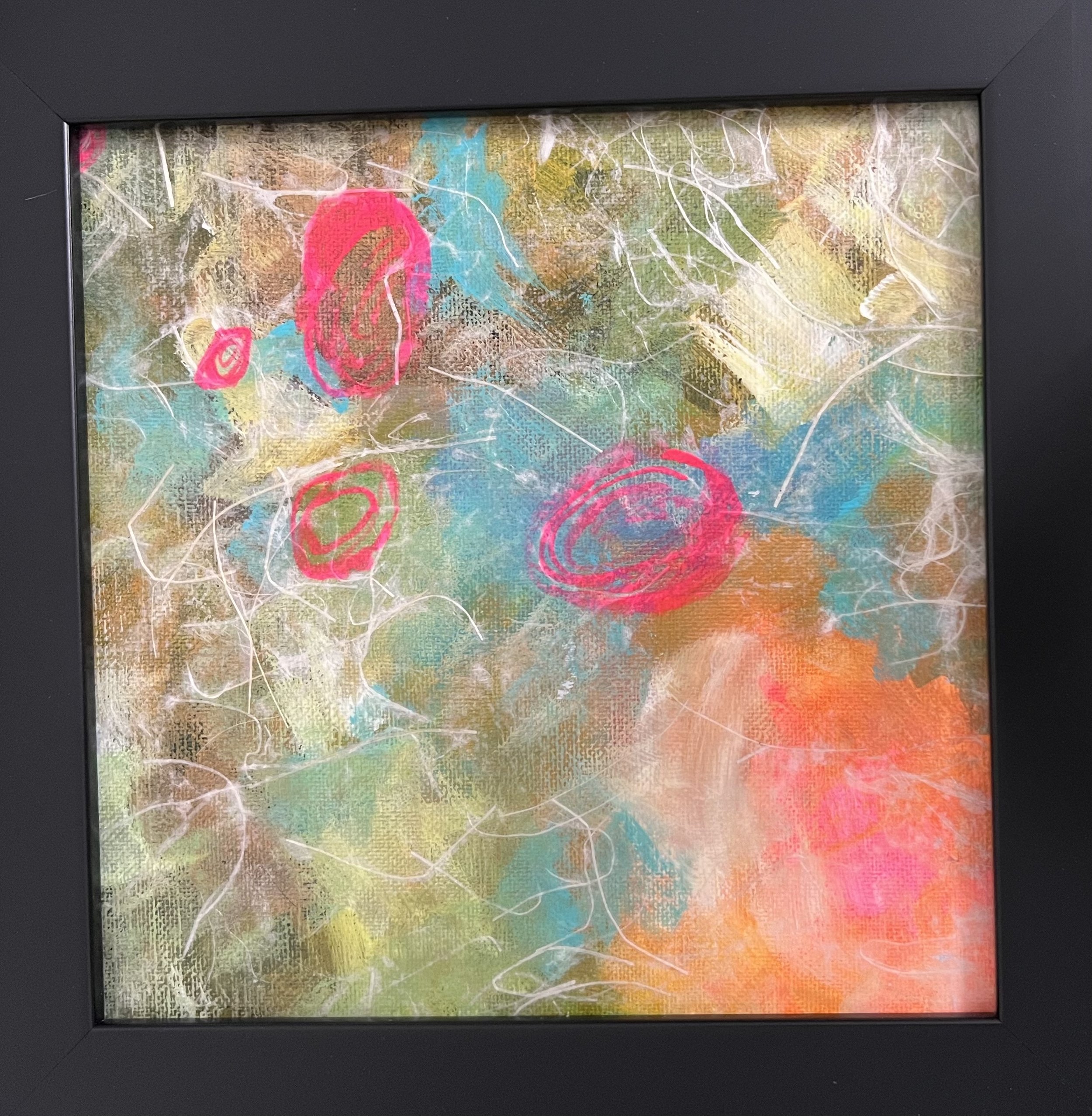 Pink Bubbles, 8x8 framed Acrylic/MM