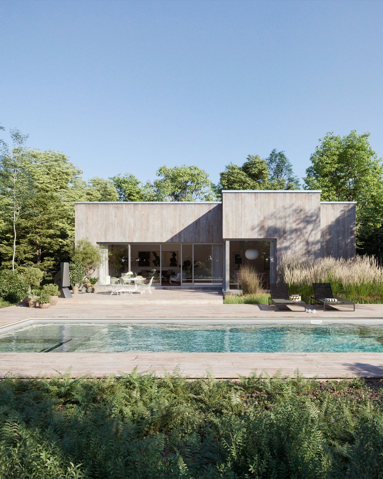 From day to night, the story of a luscious retreat in the heart of the Hamptons, featuring @lathampool Fiberglass, Astoria. ⁠
⁠
Fully 3D rendering created by our team! ⁠
⁠
Rendering: @recentspaces⁠
Clients: @standardissuedesign and @lathampool