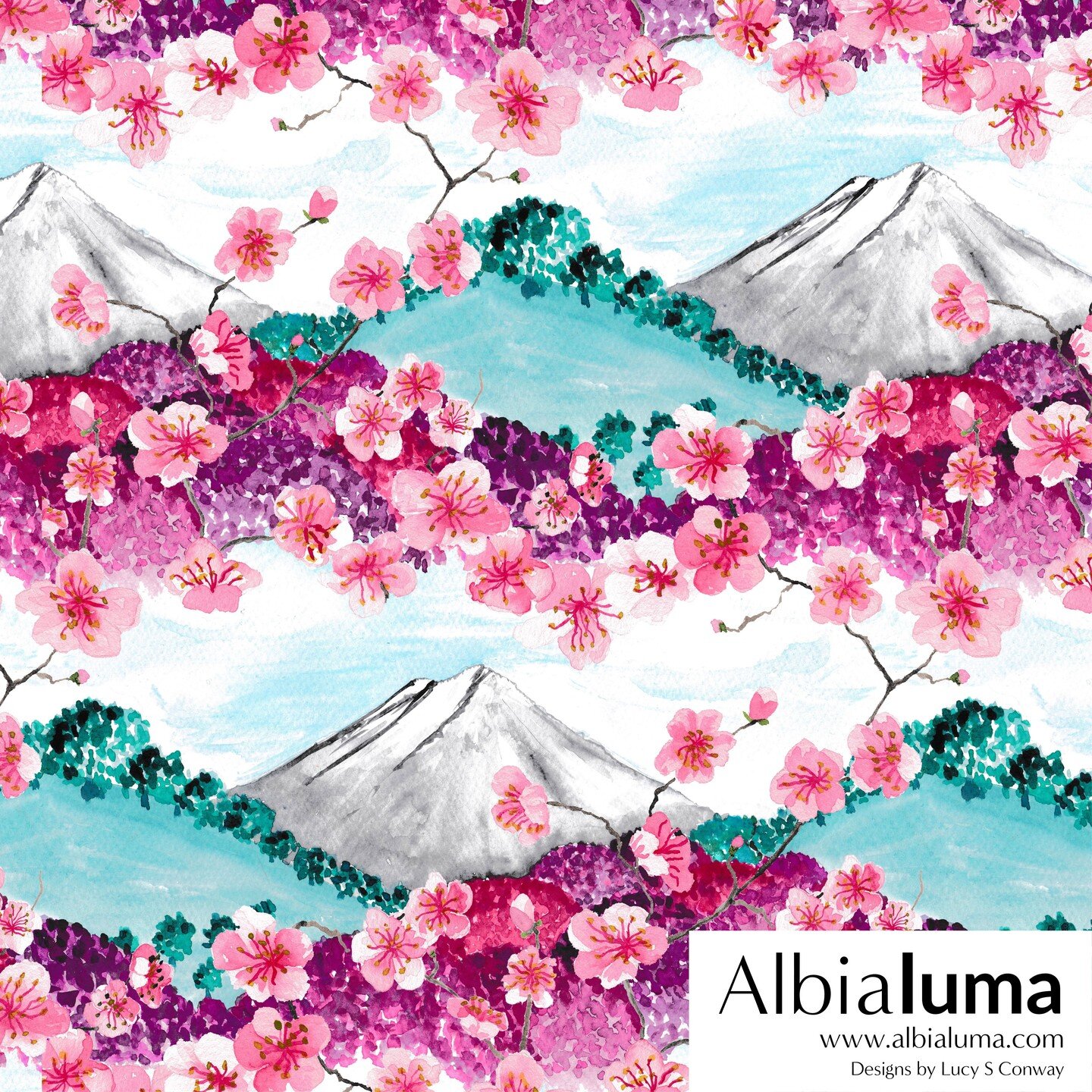 Mount Fuji. The sacred symbol of Japan. I would love to go and see it one day. Not the easiest motif to make a pattern from so I have combined sakura (cherry blossom) with my watercolour painting which I hope gives the design a sense of flow. This is