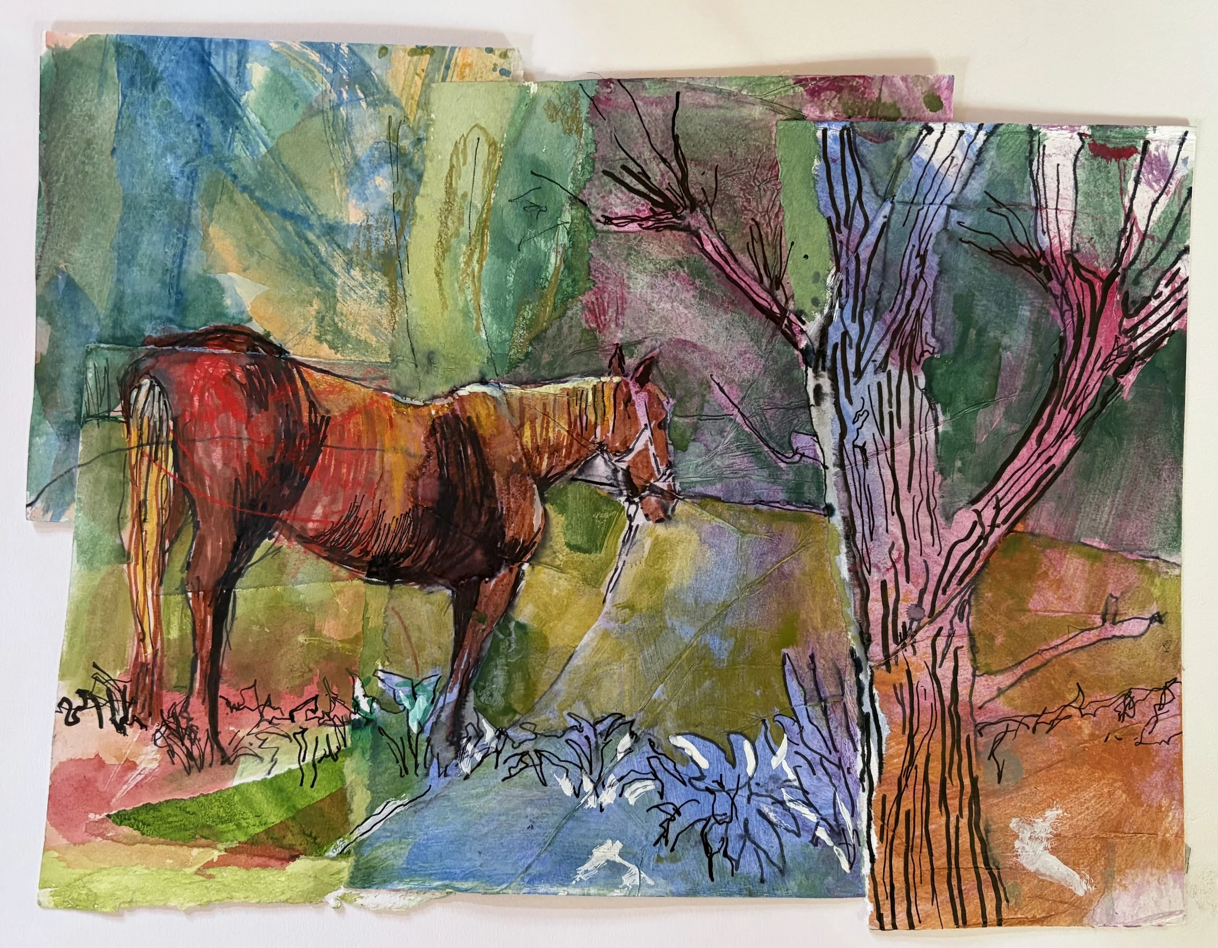 Horse by a lake, Armenia | 30cm x 23cm | mixed media on paper | £150