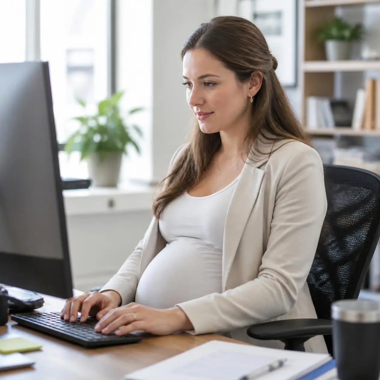 Pregnant woman at office computer