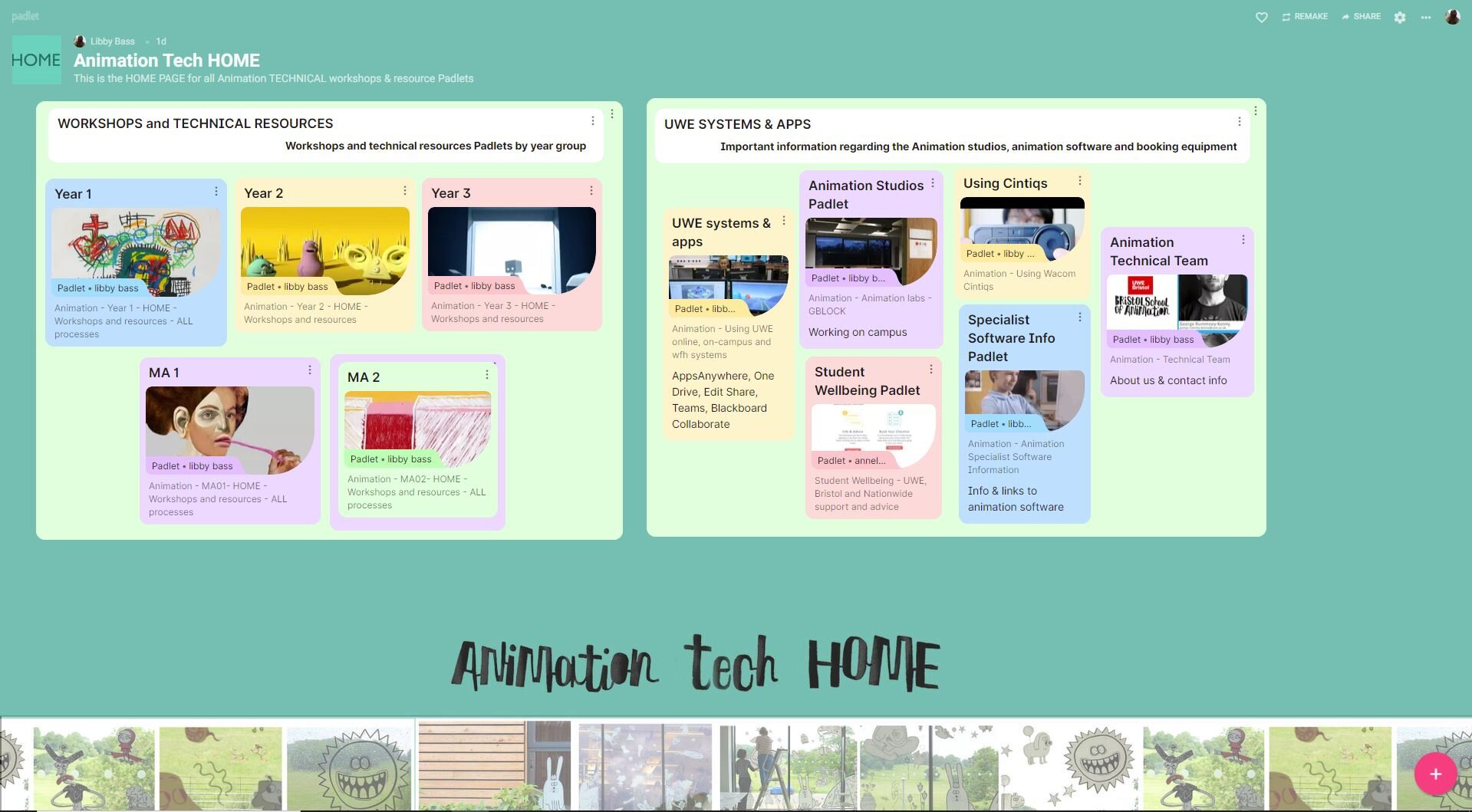 UWE Animation BA and MA technical Padlet site HOME
