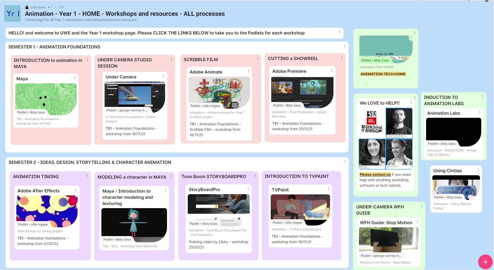 UWE Animation BA Year 1 technical padlet