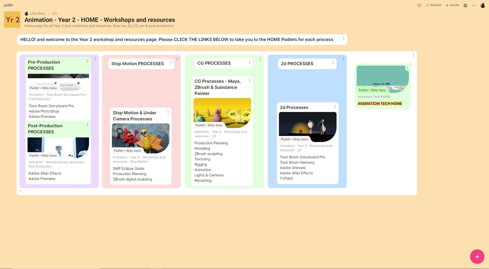 UWE Animation BA Year 2 technical padlet