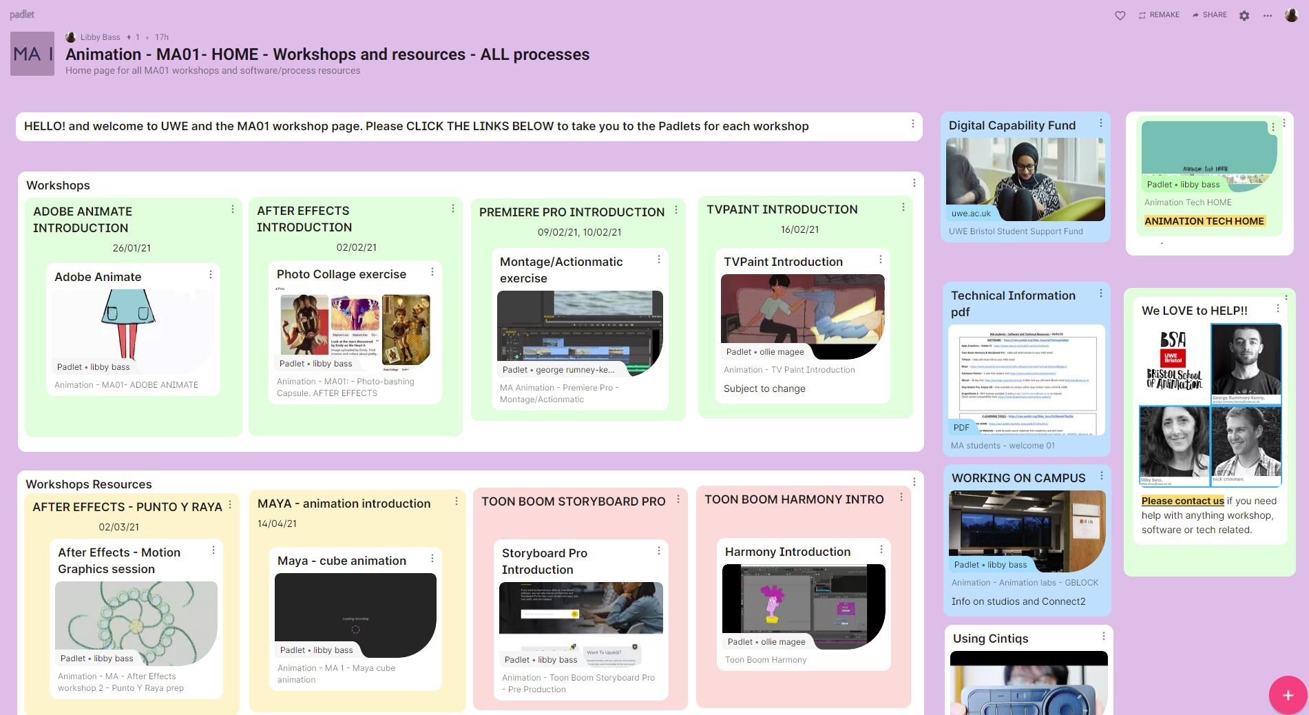 UWE Animation MA 1 technical padlet