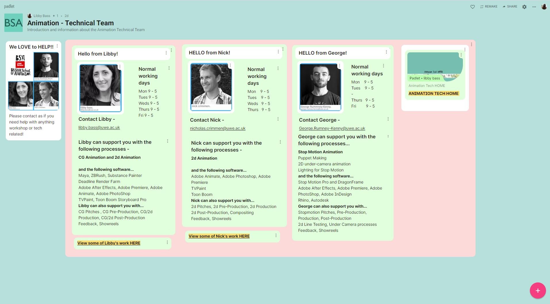 UWE Animation technical padlet