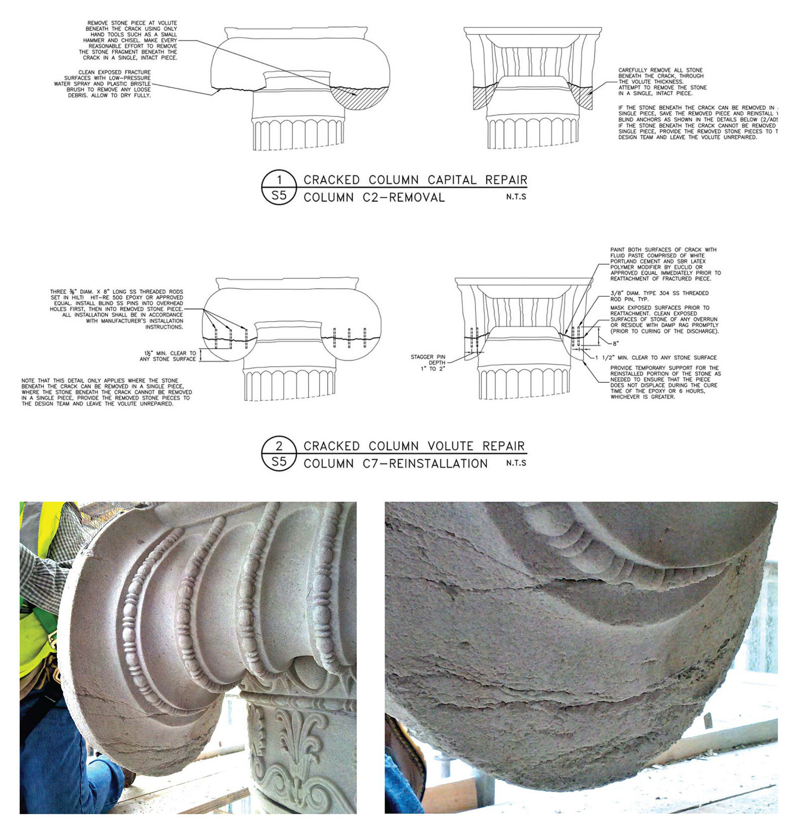   Volute Repairs   Cracks observed in the finely carved volutes at the column capitals were individually reviewed by the design team and repair contractors. Thin masonry anchors were carefully placed at various angles depending on the pattern of the 