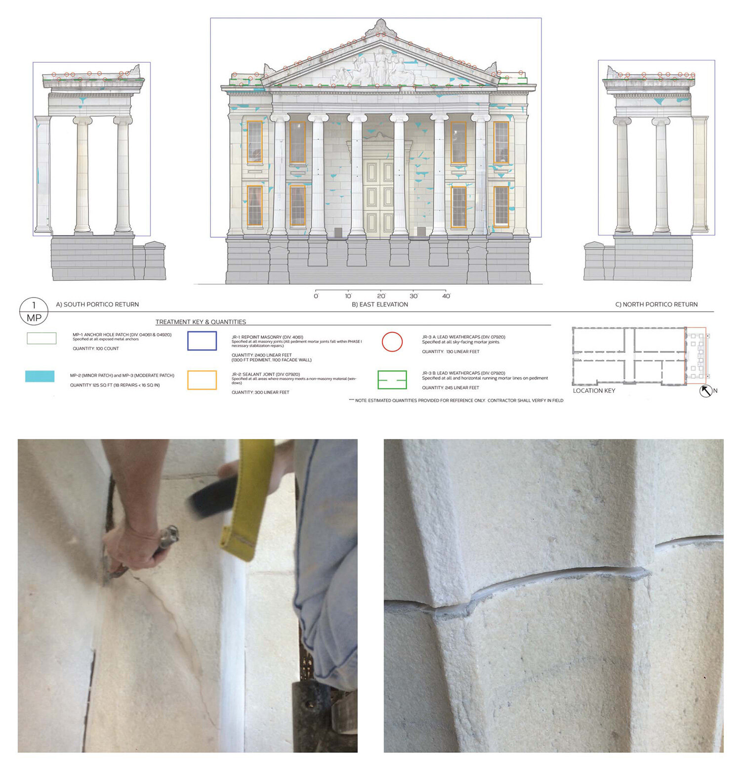  Joint Repairs   As the loss of mortar joint material was the underlying cause of the stone failure, the project undertook the complete repointing of all stone joints and the addition of discrete metal weathercaps to improve the sealing of mortar jo