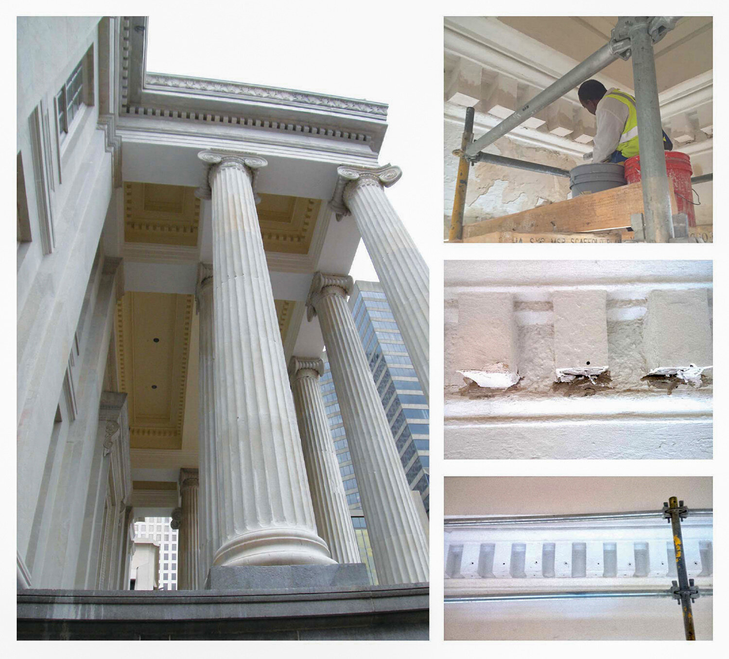   Portico Soffit Repairs   The investigation phase of the project observed failures and cracking in the plastered dentils in the soffits of the Gallier Hall portico. The cause of failure was identified as the corrosion of ferrous metal anchors caused