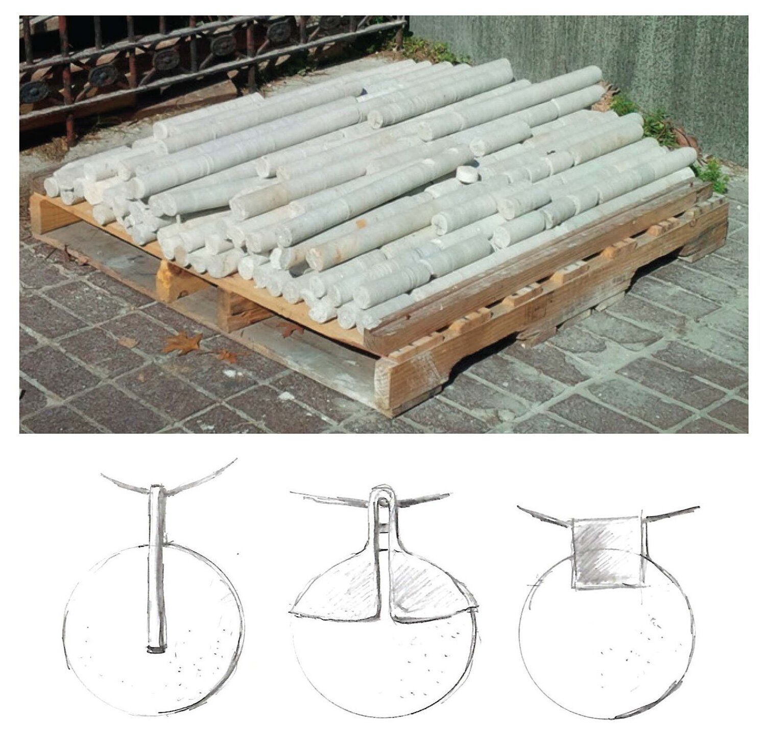   Material Reuse   The process of installing the masonry anchor system generated a large quantity of removed material in the form of cylindrical marble cores.  Measuring 1-3/4” in diameter, these objects presented an opportunity to create new objects