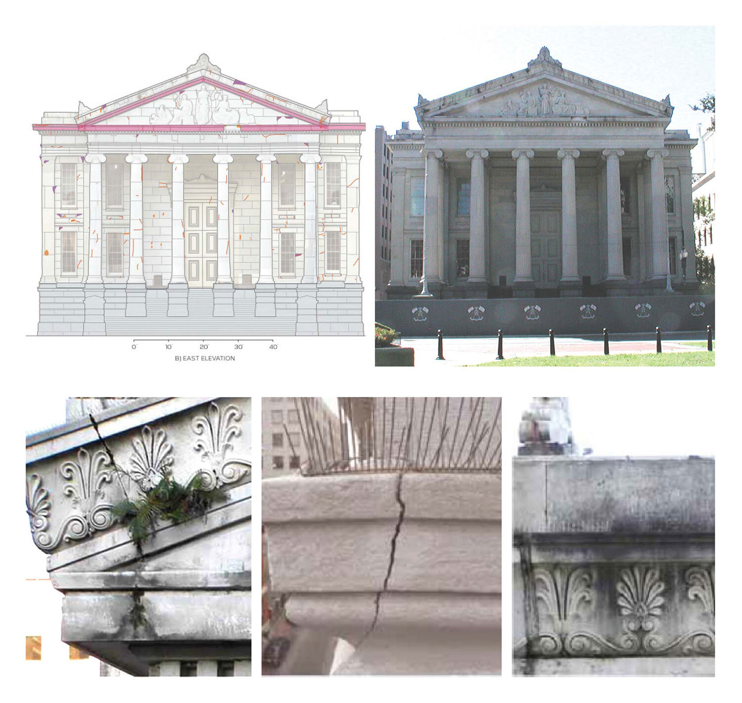   Before Conservation   In addition to the immediate safety issue of stone failure, the investigation of the existing façade conditions found and documented many types of soiling and deterioration present on the façade.  A detailed survey of the faça